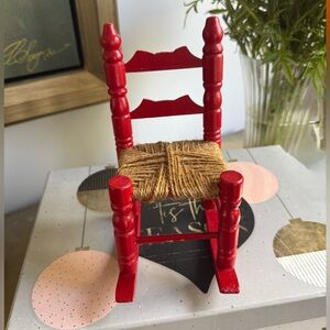 Miniature Red Wooden Chair with Woven Seat